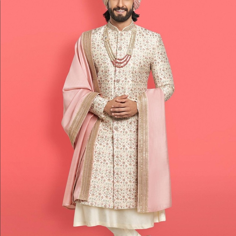 Indian Traditional Cream Color Sherwani Kurta Pyjama